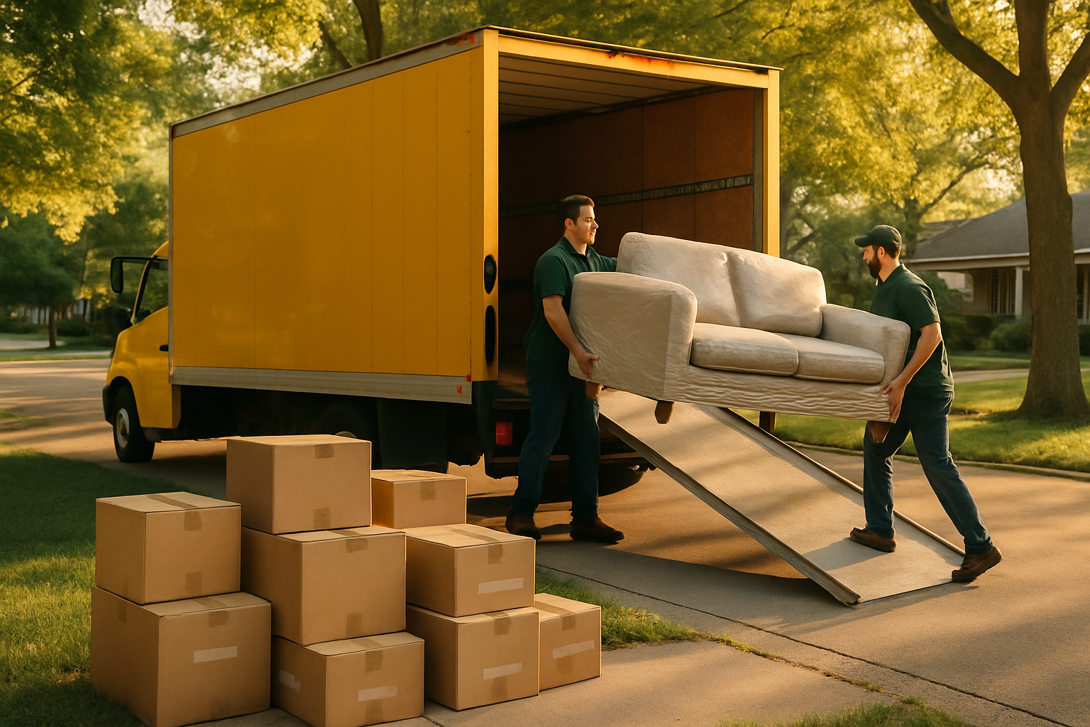 Two movers carrying a wrapped couch into a yellow box truck parked on a suburban driveway, with stacked cardboard boxes in the foreground